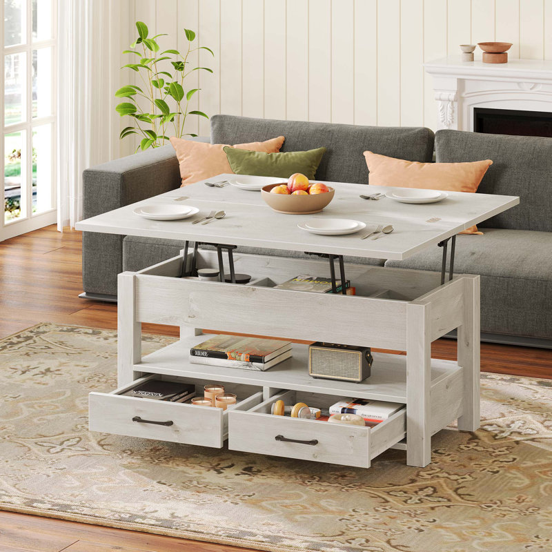 Table basse à plateau relevable avec rangement dissimulé Grijalva, table basse multifonctionnelle pour le salon, Bois gris