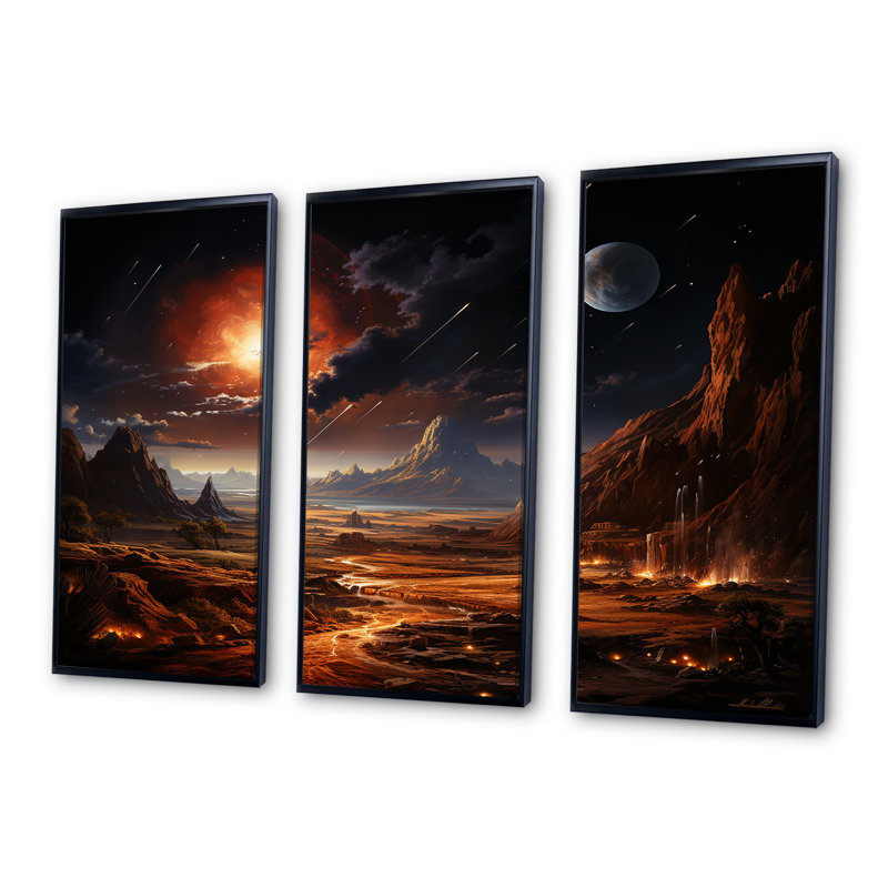 Futur cosmique lever du soleil sur la lune II - espace planète, art mural, H 28 po x l 36 po, Black Floater Framed