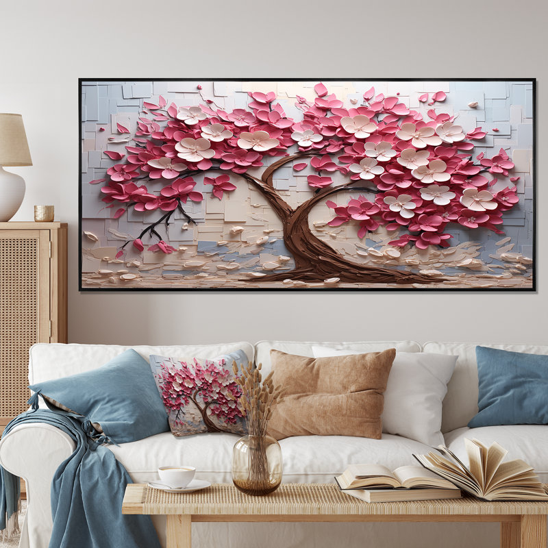 Orchidée rose et blanche, branches II - art mural arbre, H 28 po x l 60 po x P 1,5 po, Cadre flottant noir