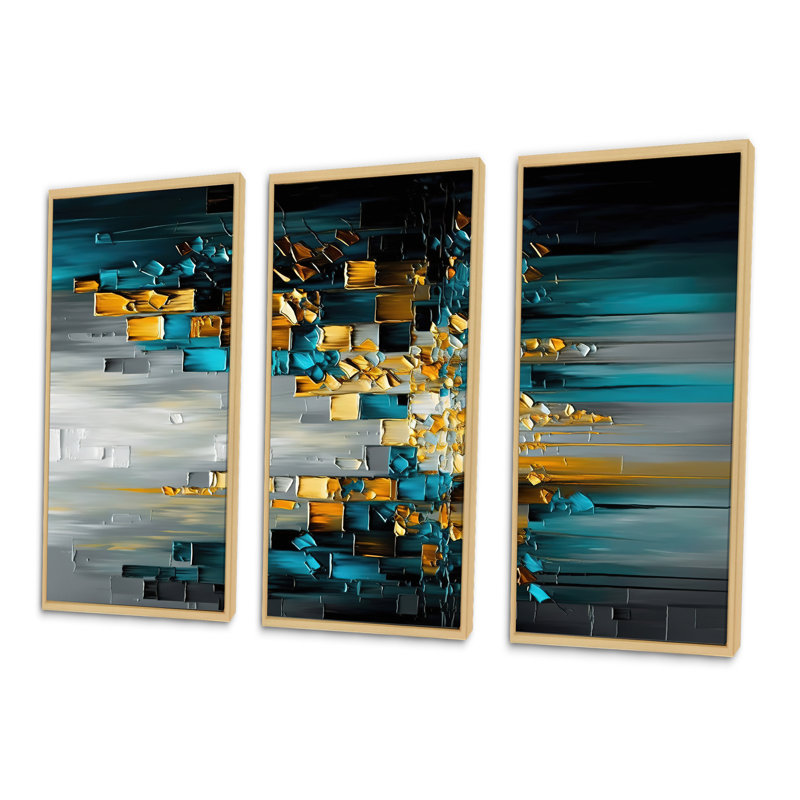Abstrait géométrique noir et vert III - 3 pièces sur toile, H 28 po x l 36 po x P 1 po, Encadrement brun