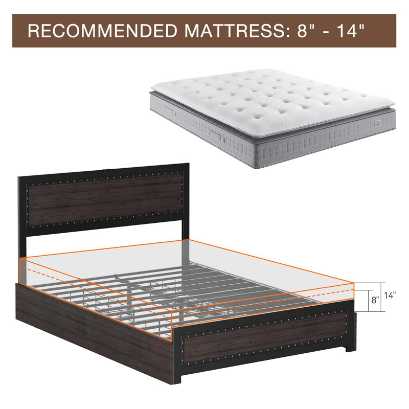 Industrial Platform Bed Frame With 4 Storage Drawers And Charge Station, Queen, Brown