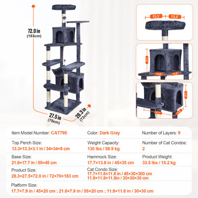 Cat Tree for Indoor Cats, 72" Cat Tower with 2 Cat Condos, Sisal Scratching Post, Hammock, Top Perch, Jumping Platforms, Large Cat Furniture Activity Center with Hang Ball, Light Grey
