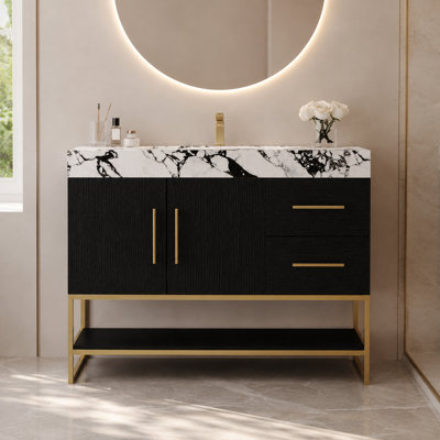 Meuble-lavabo autoportant de 91 cm (36 po) avec comptoir en pierre frittée et lavabo en céramique, meuble-lavabo en contreplaqué à 2 tiroirs avec armoire, étagère ouverte et cadre en métal doré, noir
