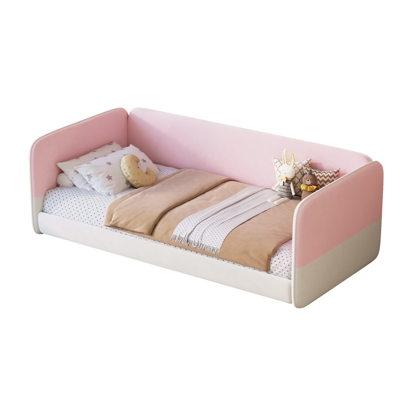 Calla Velvet Upholstered Floor Bed with Wooden Frame, Headboard & Armrests, Pink