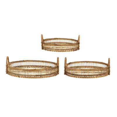 Set Of 3 Round Decorative Brown Bamboo Woven Trays With Handles