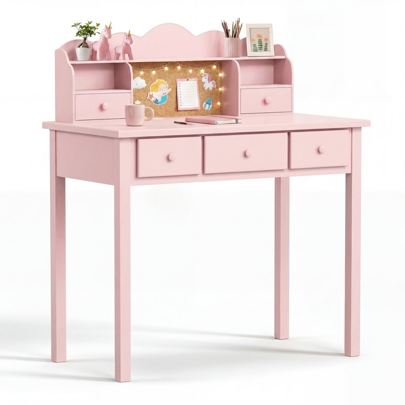 Bureau d'écriture 36,2 "en bois massif avec 3 prises de courant, Rose