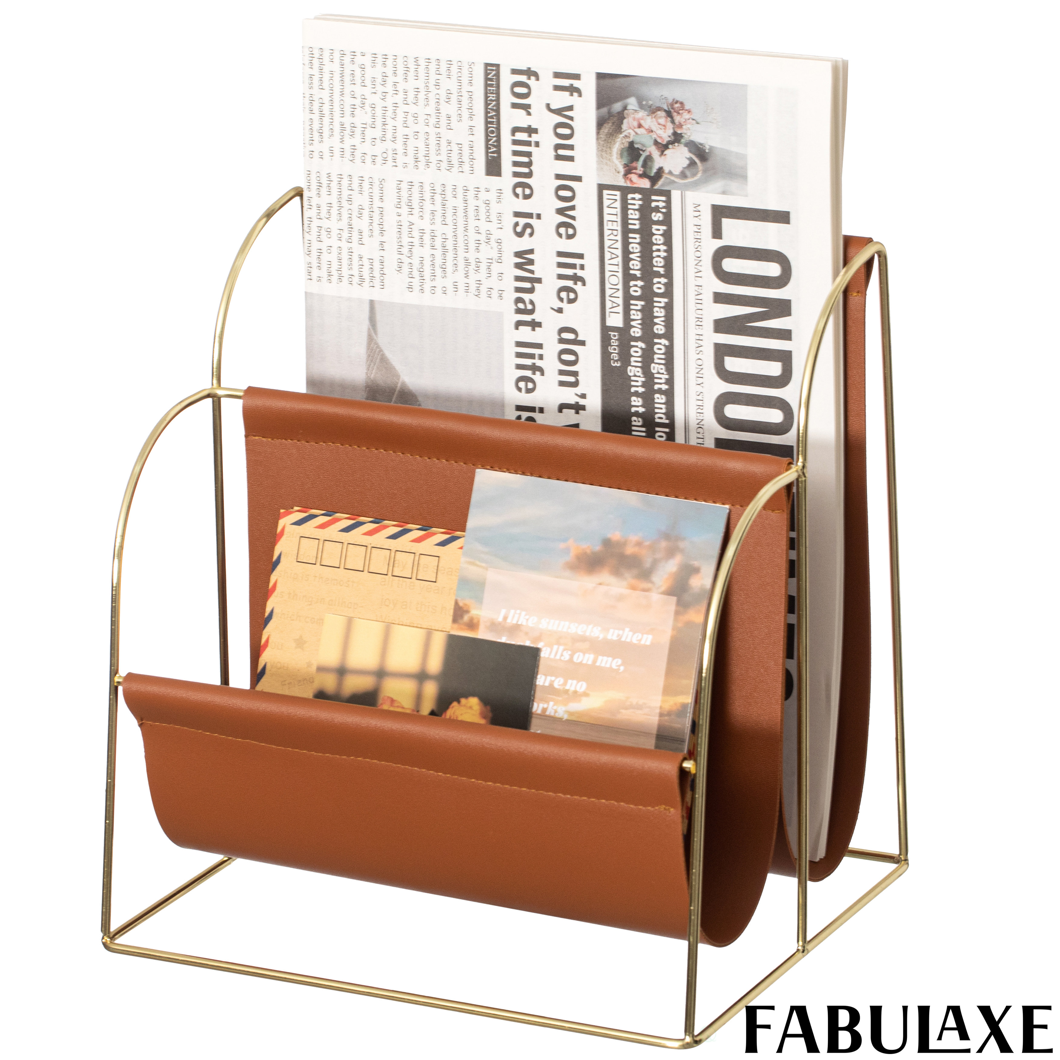 Fabulaxe Contemporary Gold-tone Metal Magazine Holder With Two Spacious ...