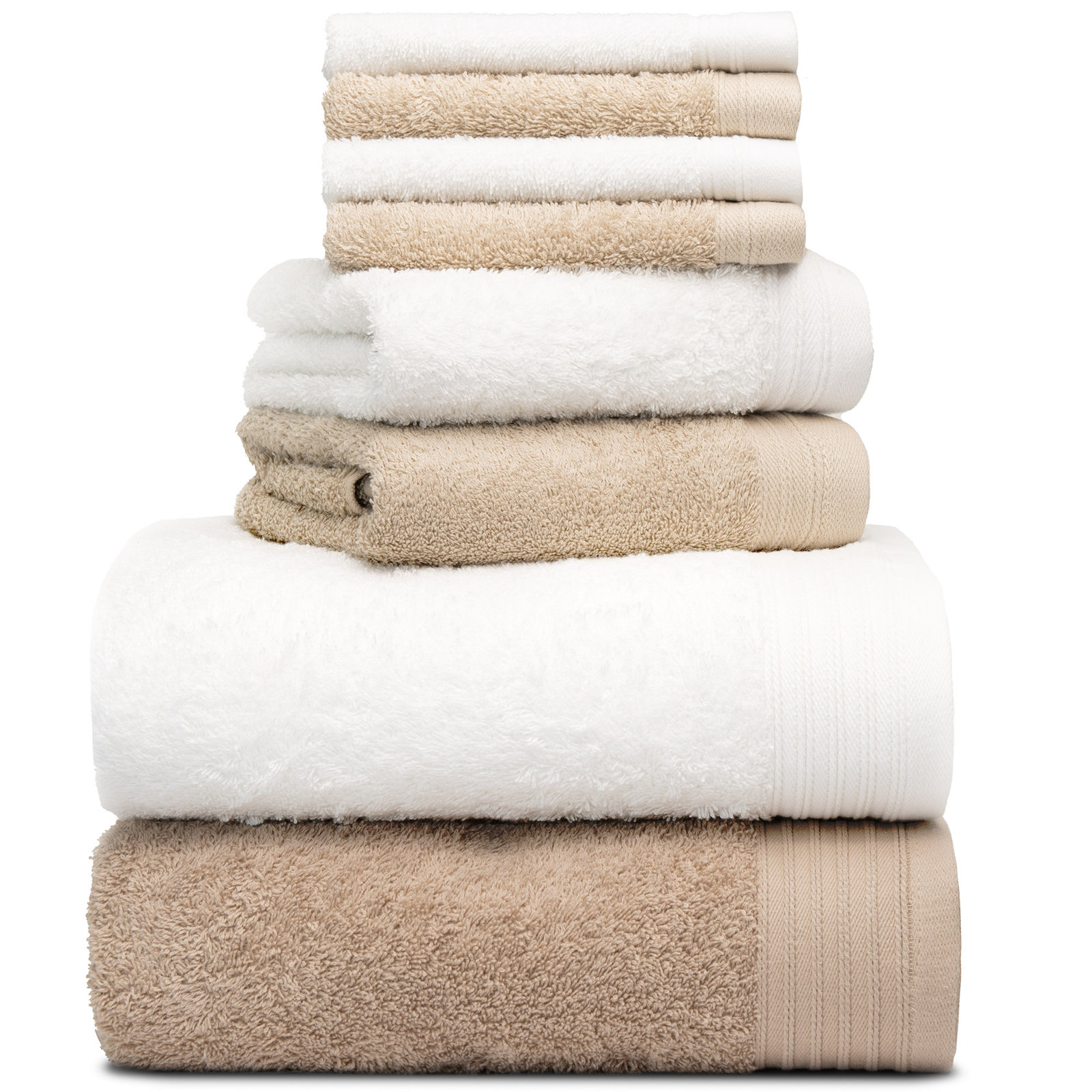Doncia 8 Piece 100% Cotton Towel Set, White/Sand