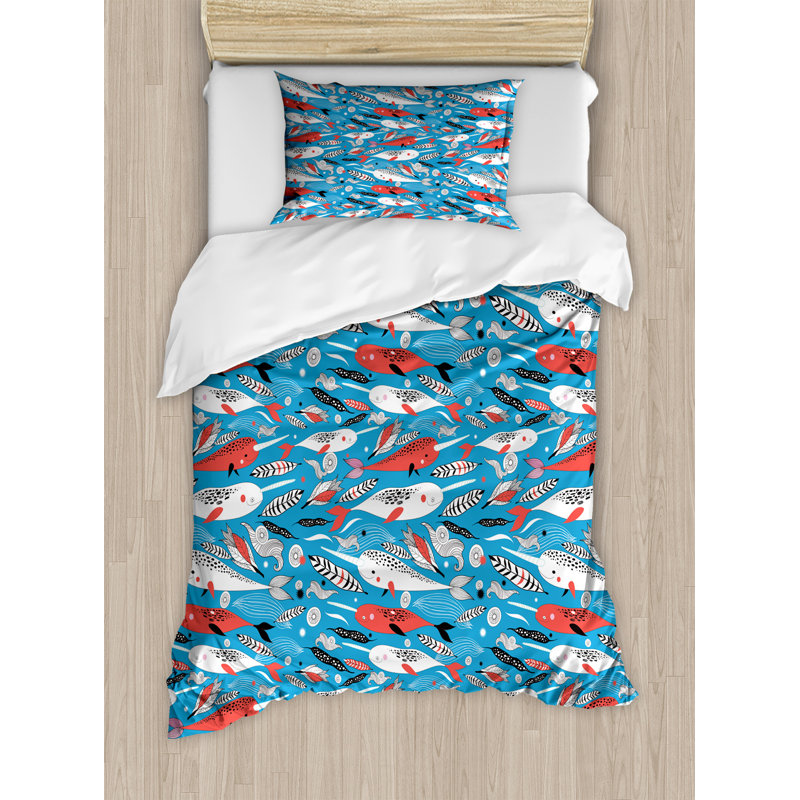 Twin Multicolor Narwhal Pattern Microfiber Duvet Set