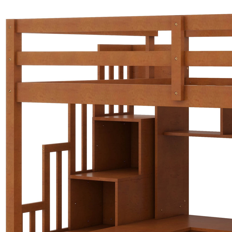 Full Size Loft Bed With Desk And Staircase, Wood High Loft Bed With Charging Station, Bookcase, Wardrobe And Drawers, Walnut