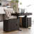 Home office desk, adjustable reversible standing desk with built-in USB and power outlet, glass top, storage drawers, two large capacity storage cabinets-247282978-244593784