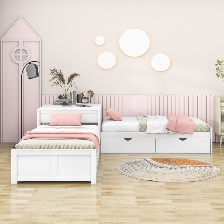 Latitude Run® Twin Size L-Shaped Platform Bed with Trundle and Two ...