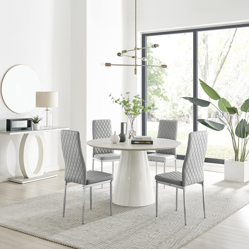 Statement 4 Person Round Dining Table Set in Luxury Beige Stone Effect - Faux Leather Dining Chairs, Grey/Silver