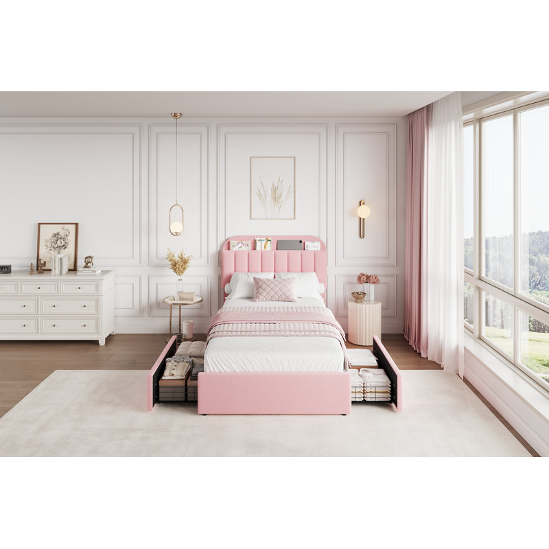 Structure de lit rembourrée en fausse fourrure avec tête de lit à 2 tiroirs, Lit simple, Rose