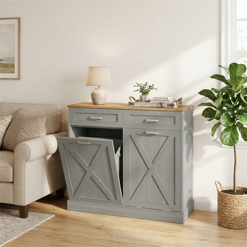 Grande armoire de rangement avec tiroir coulissant et porte de grange, Grey