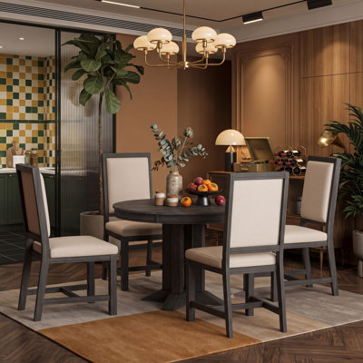 Farmhouse Extendable Round Dining Table Set with 4 Upholstered Chairs and Wood Frame