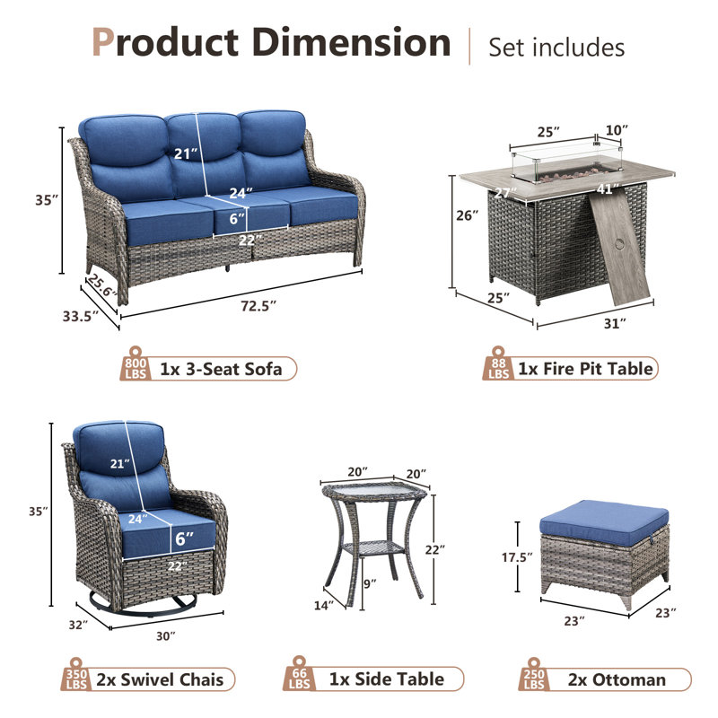 7 Pieces Patio Furniture Set, Outdoor Wicker Sofa Couch With Rocking Swivel Chairs And 55000 Gas Fire Pit, Modern Deep Seat Rattan Conversation Sets For Porch Deck