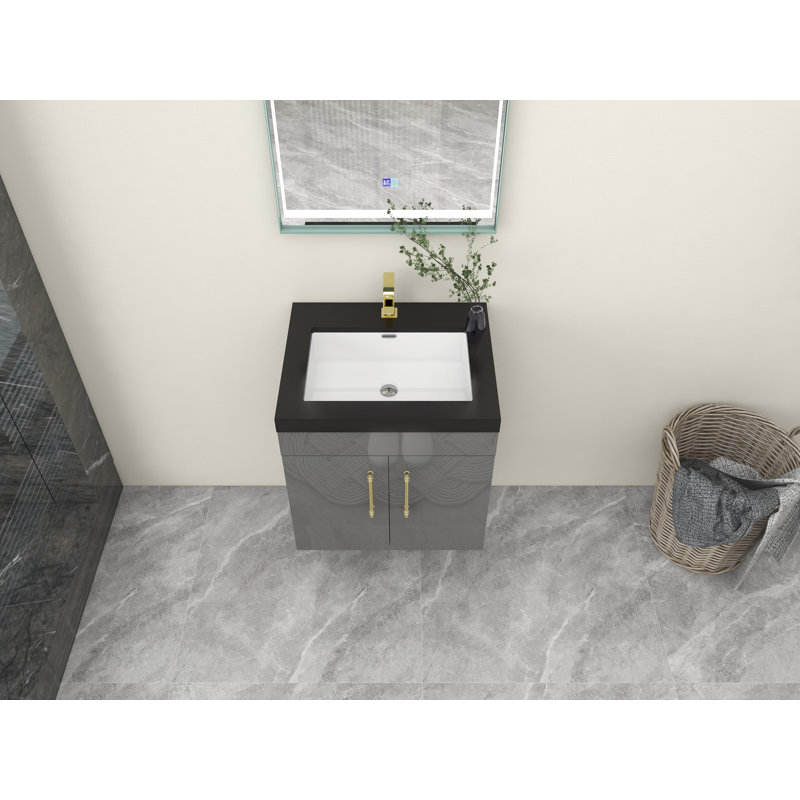 Camon 23.62'' Single Bathroom Vanity with Plastic Top, Matte Gold, High Gloss Gray