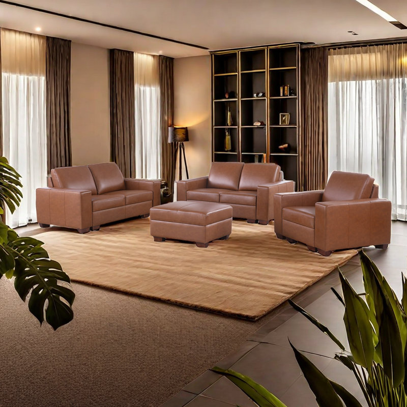 Grimsby 4-Pieces Cow Top Genuine Leather Sofa Set with Ottoman, Brown Genuine Leather, Brown