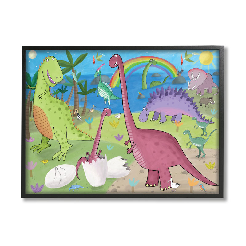 Illustration de dinosaures heureux jouant par arc-en-ciel, H 24 po x l 30 po x P 1,5 po, Giclée encadrée noir minuit