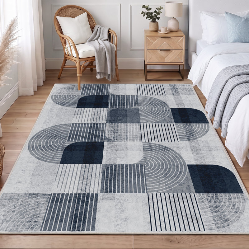 Tapis lavable de 152 x 213 cm pour salon, antidérapant, style bohème moderne, Gris-bleu, Rectangle 5 pi x 7 pi