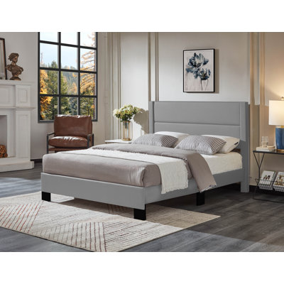 Lit plateforme tapissier avec tête de lit capitonnée horizontale, gris, contemporain