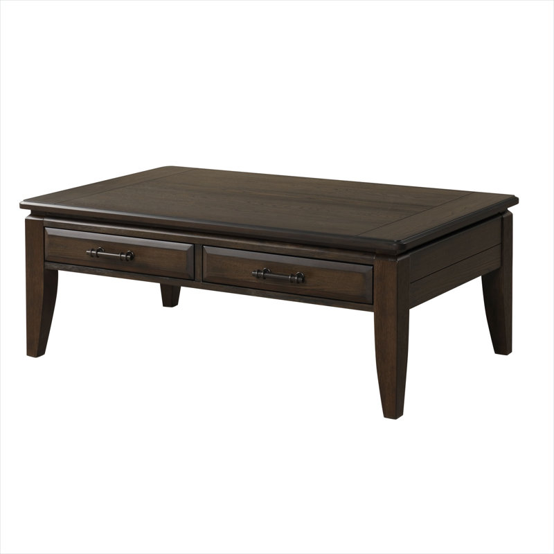 Table basse rectangulaire avec tiroirs avec finition traditionnelle en bois massif et manufacturé foncé