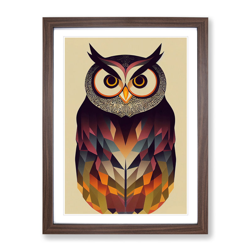 Unique Owl No.2 - Print, White, 66cm H x 48cm W, Walnut Picture Frame
