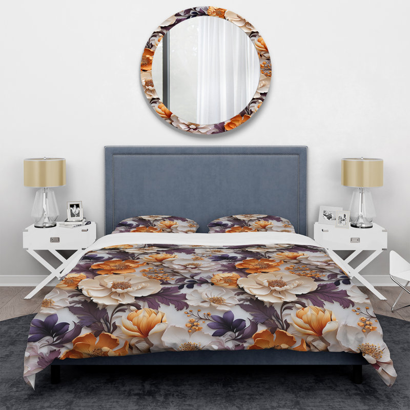 Literie, Housse de couette simple + 1 taie décorative stan, Composition de fleurs beiges et mauves de maison d