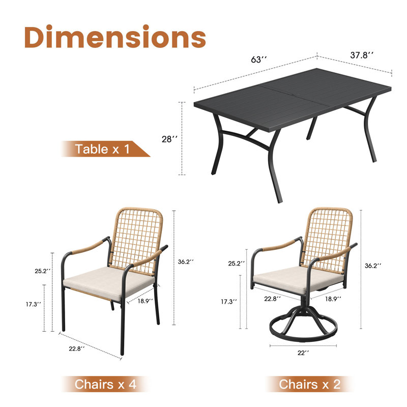 Ensemble de salle à manger rectangulaire pour l'extérieur de 63 po pour 6 personnes avec pivotant rembourré et chaises empilables en rotin tissé