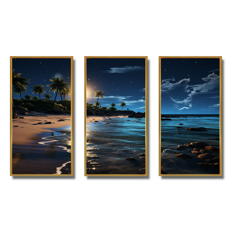 Mystic Tropical Beach Moonlight III - Art mural plage, Cadre flottant doré, H 28 po x l 36 po x P 1 po