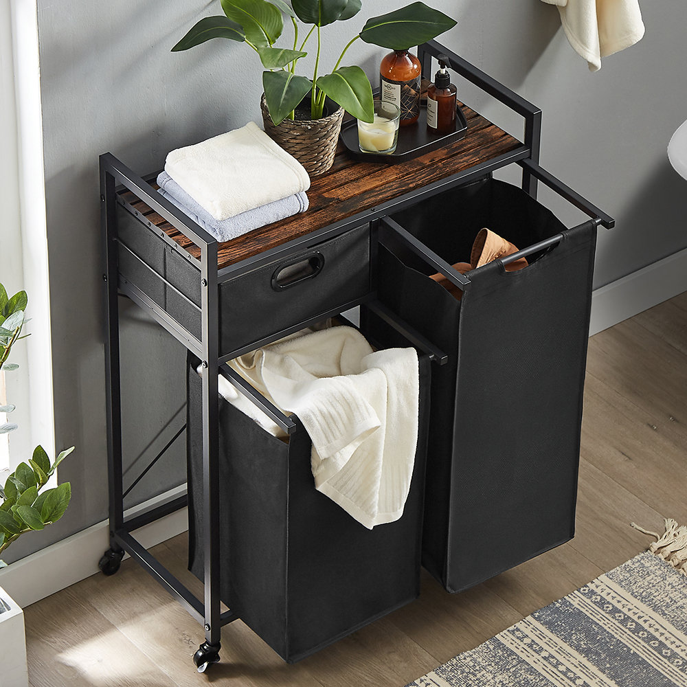 17 Stories Double Laundry Hamper with Top Shelf and Storage Drawer, 2