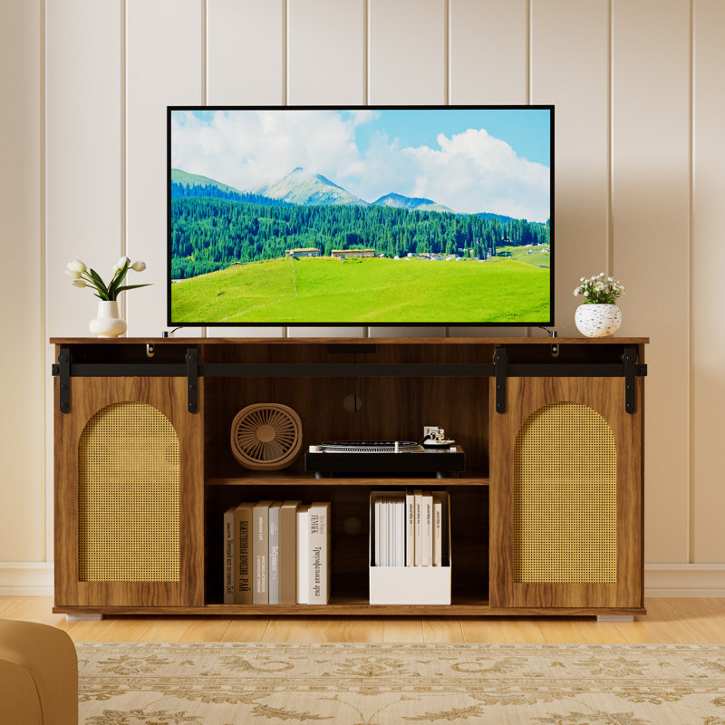 58" Farmhouse TV Stand for 65 Inch TV, Entertainment Center with Sliding Doors, Media TV Console Table, Dark Brown