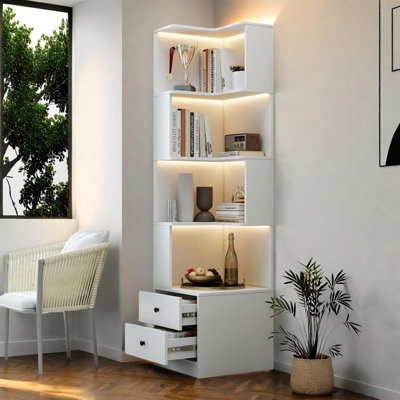 4-Tier Corner Bookshelf with Drawers and LED Lights for Home or Office
