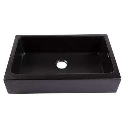 Évier de cuisine Grace de 34 po en céramique réfractaire noire mate, de style ferme, à tablier frontal et à cuve, avec coins droits