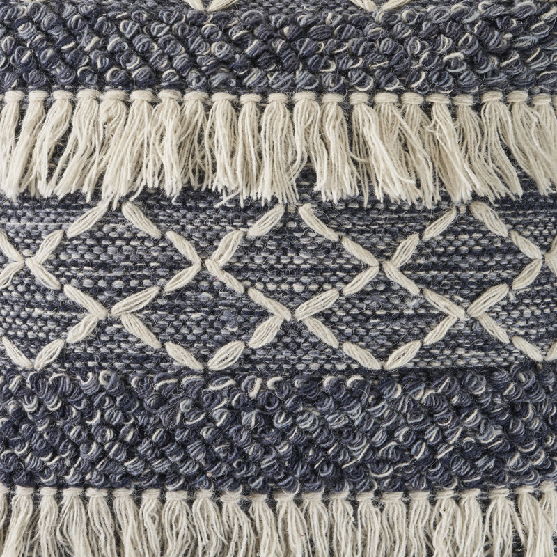 Striped Fringed Wool Geometric Throw Pillow Cover, Blue/White, Polyester/Polyfill