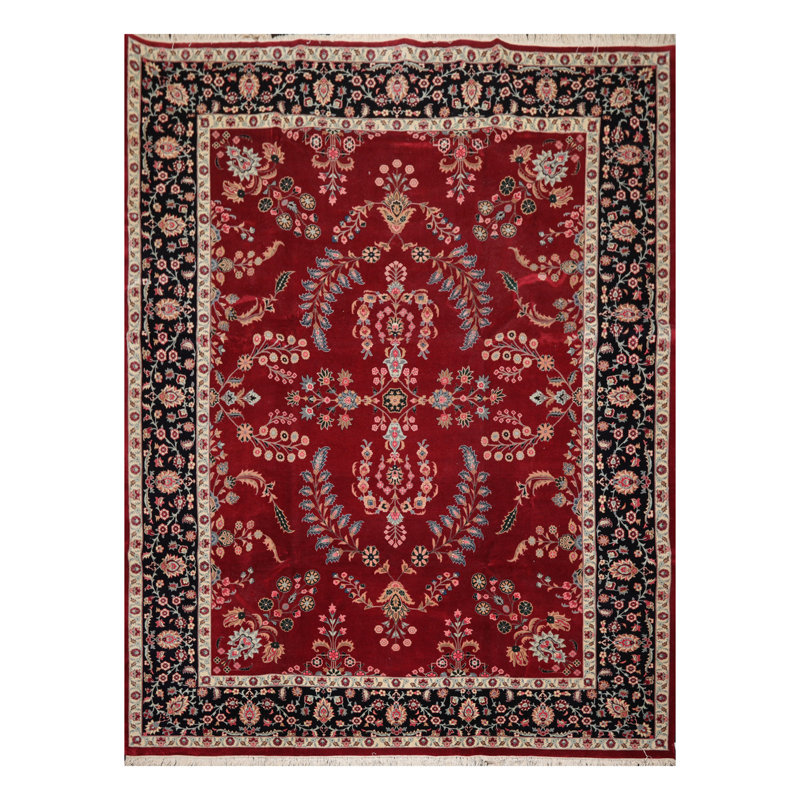 Tapis décoratif Bourgogne en laine de conception unique 9 pi 2 po x 12 pi 5 po noué à la main