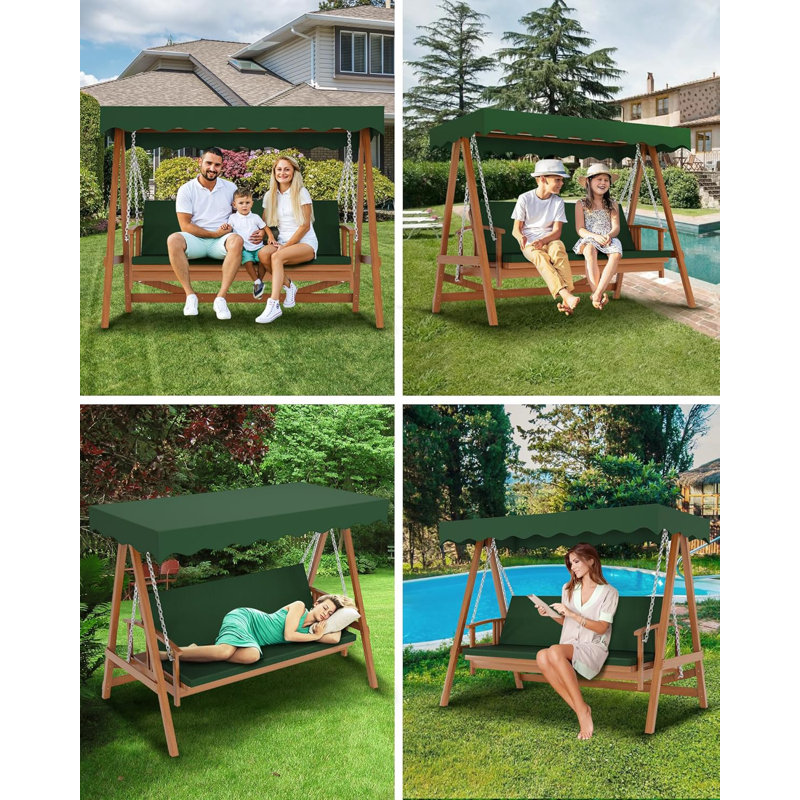 Green Wooden 3-Seater Patio Swing with Adjustable Canopy and Removable Cushion