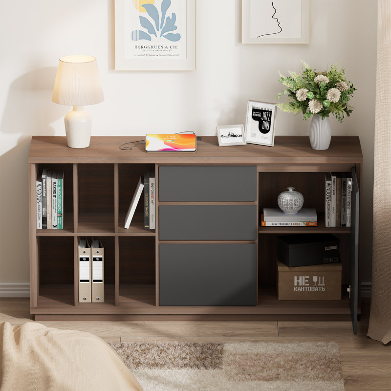 60"W - 3 Drawers Lateral File Cabinet With Door, Adjustable Shelves, Power Strip, And Open Storage For Home Office