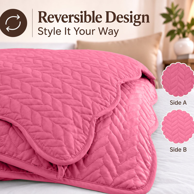 Ensemble de couvre-lit à motif de feuilles en relief pour lit simple – 2 couvre-lits et 2 taies d'oreiller, Rose