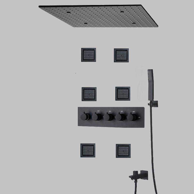 Stylish brushed nickel shower system with handheld sprayer and rainfall showerhead combination