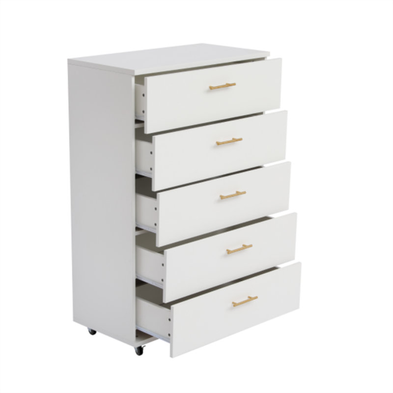 Commode mobile avec roulettes, commode haute blanche à 5 tiroirs H 44 po, commode à roulettes pour la chambre à coucher, rangement dans le vestibule du salon