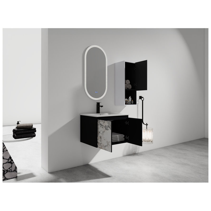 Meuble-lavabo mural 24 po avec lavabo en céramique et armoire d'appoint 24 po noir ou blanc
