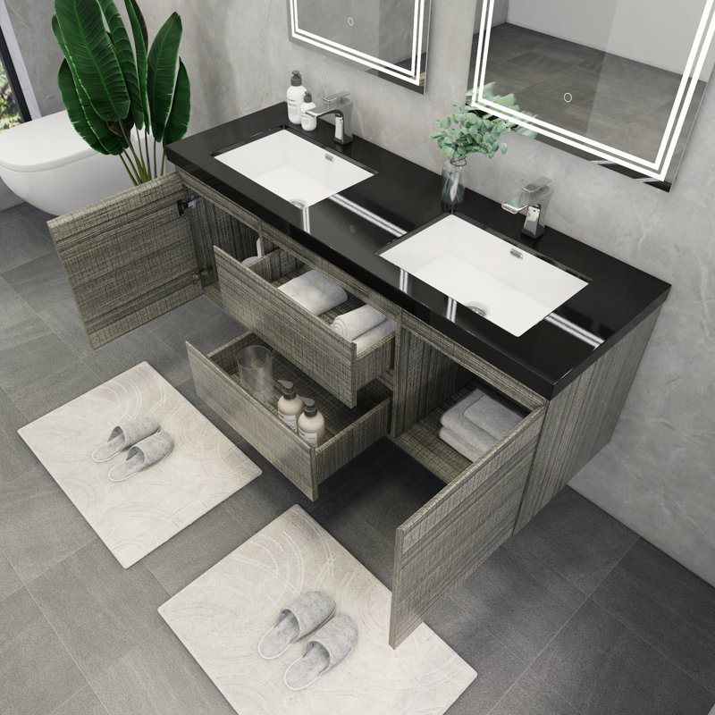 Castin 60" Wall-Mounted Double Bathroom Vanity Set, Glossy Ash Gray
