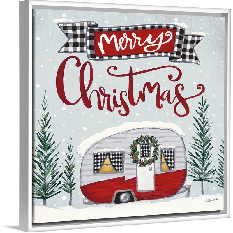 «Merry Christmas Camper» par Sara Baker - peinture sur toile tendue, H 21,25 po x l 21,25 po, Cadre blanc
