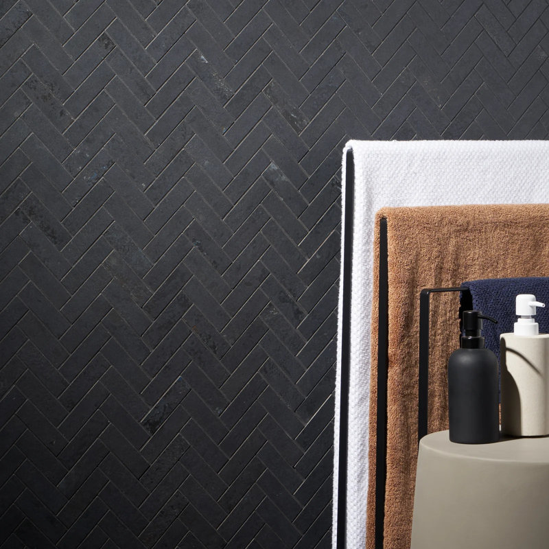 Portrait Herringbone Matte Porcelain Mosaic, Black Gold