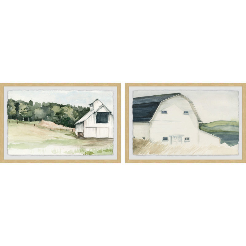 « aquarelle grange », ensemble de 2 reproductions de peintures à l’aquarelle encadrées, H 24 po x l 36 po x P 1,5 po