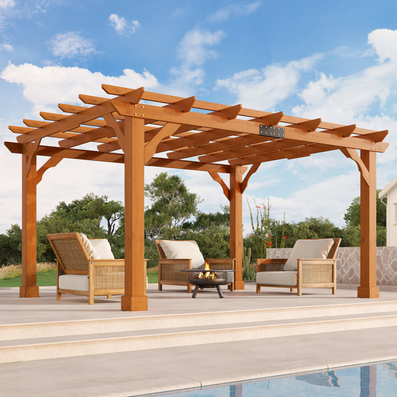  Pergola en cèdre 10 'x 12' avec toit en treillis, supports résistants aux intempéries et piquets d'ancrage, brun