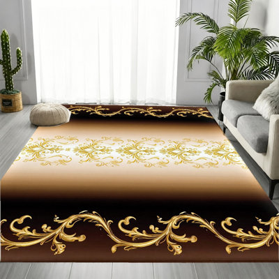 Tapis de luxe à motif damassé dégradé en or brun de luxe rétro, élégant motif floral rétro, tapis de sol antidérapant doux et durable lavable à la machine, décoration intérieure élégante et élégante pour le salon, la chambre à coucher, le vestibule, le balcon, l’appartement
