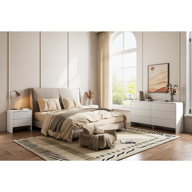 Ensemble de chambre à coucher 3 pièces, commode 6 tiroirs et ensemble de table de chevet 2 pièces, Blanc